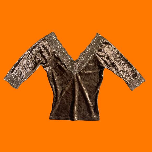 00's vintage crushed velvet gold sequins lace boho y2k top blouse XS SMALL - Picture 1 of 6